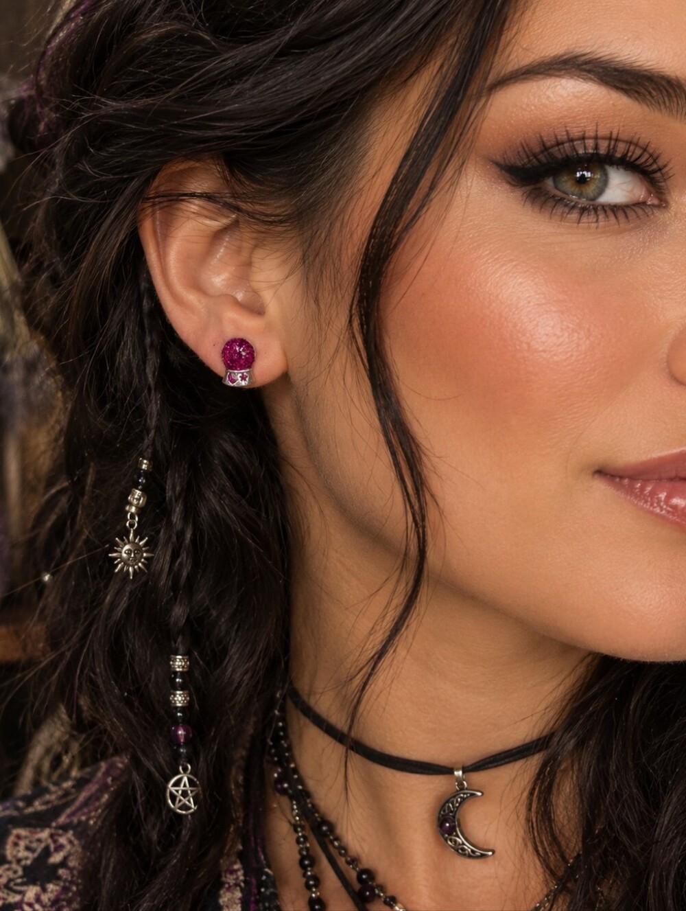 Crystal Ball Mini Stud Earrings Purple Glitter Tiny Witch Boho Halloween Jewelry